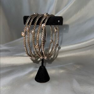 Elegant Gold Cable Bangle Set Rhinestone Flower Accents Set of 5